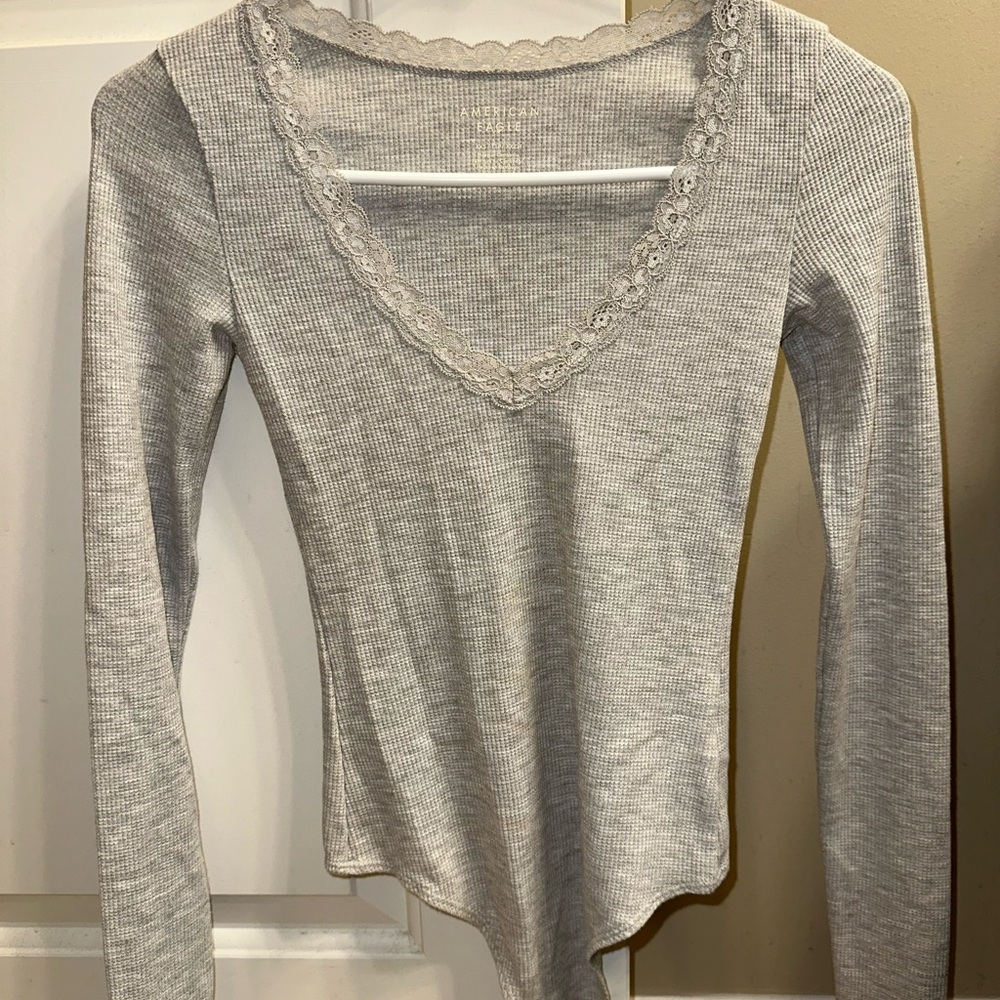 American Eagle Outfitters Grey Lace Trim Long Sleeve Bodysuit Size XXS